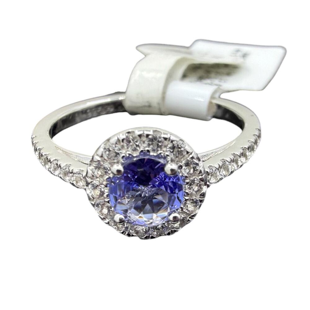 Blue Tanzanite White Topaz Halo Ring 925 Sterling Silver Size 6.75 Engagement